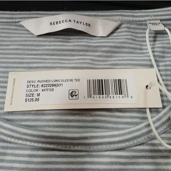 (60% OFF) NWT Rebecca Taylor Lont-Sleeve Ruched Striped Tee Shirt M MSRP $125 - Picture 2 of 8